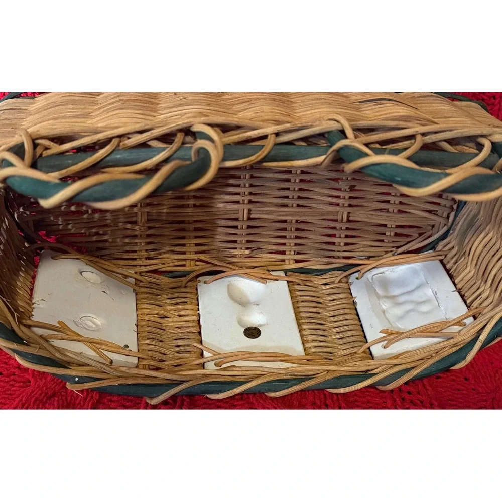 Vintage Wicker Wall Hanging Basket 3D Ceramic Cat and Floral Tiles Cottagecore